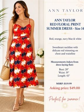 🔥 HOST PICK 🔥 ANN TAYLOR  RED FLORAL PRINT SUMMER DRESS - Size 14